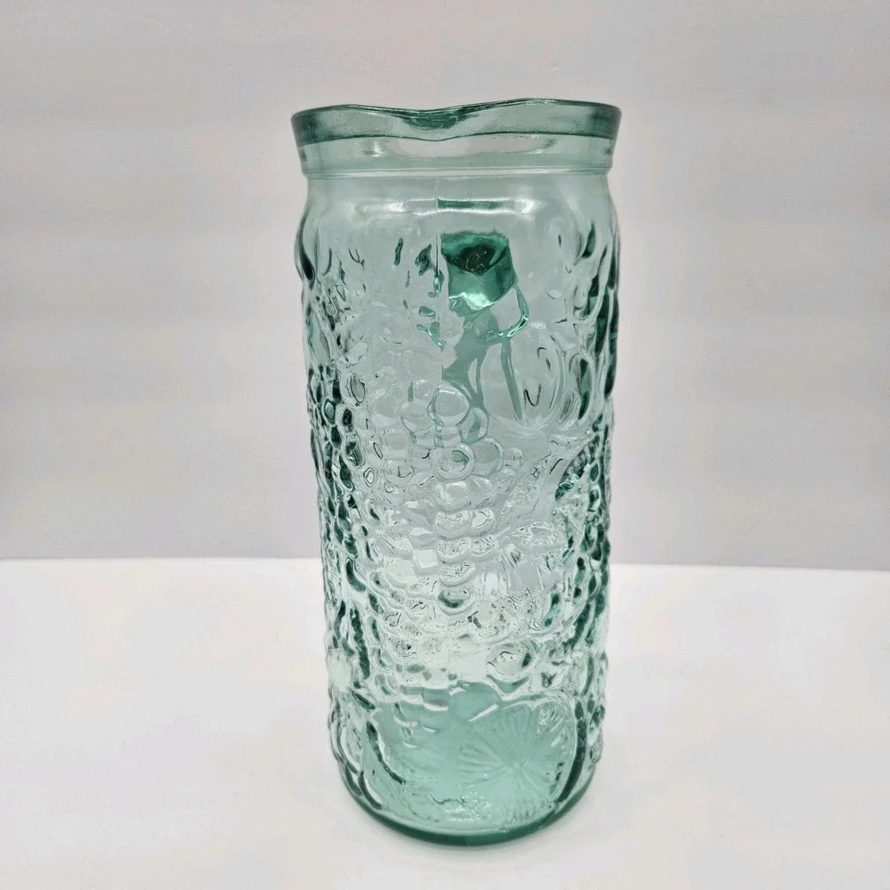 Vetreria Etrusca Italy Green Glass‎ Pitcher Embossed Fruit Grapes Citrus Relief